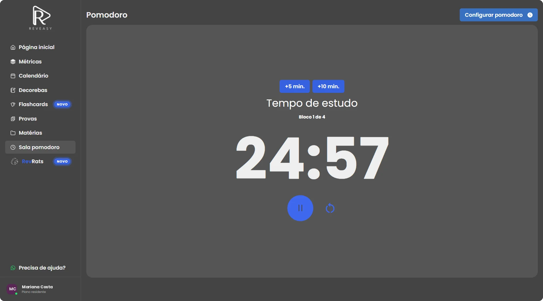 Sala Pomodoro do Reveasy com timer de 24:57, bloco 1 de 4 e botões para adicionar 5 ou 10 minutos