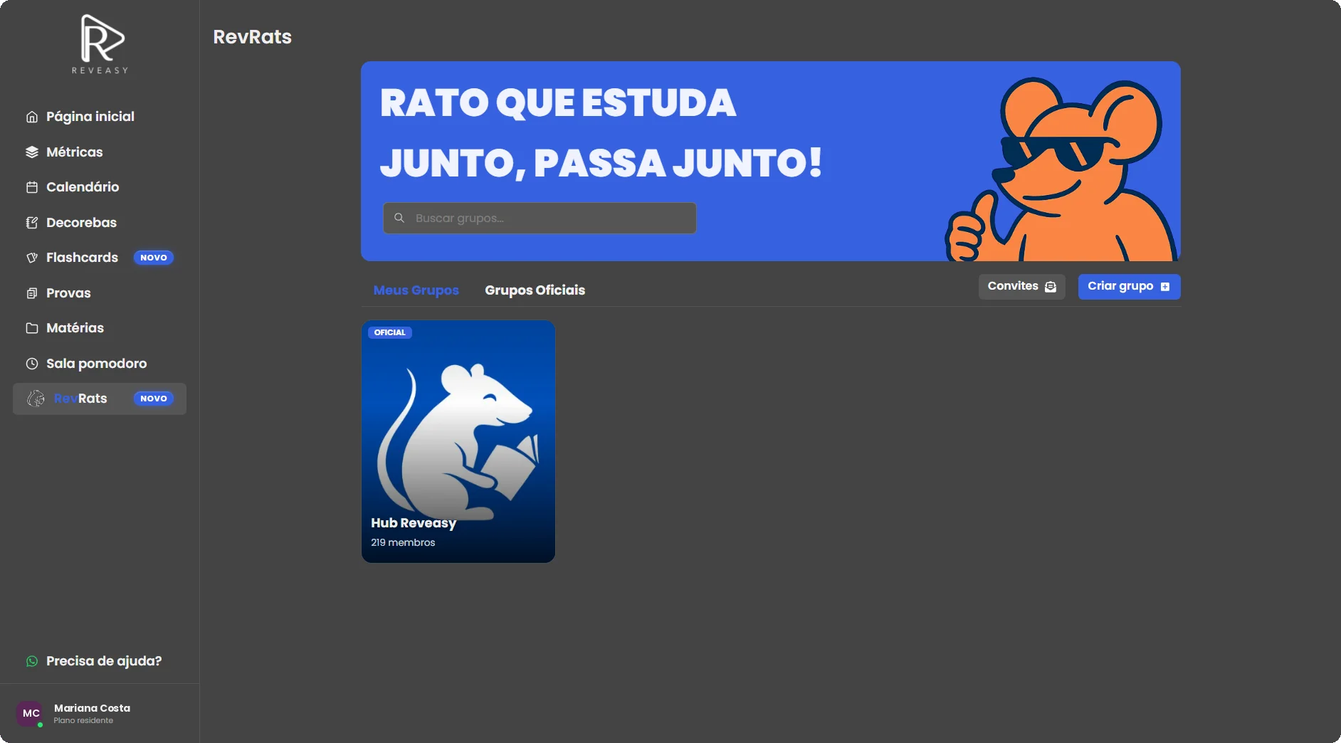 Tela do RevRats com o banner Rato que estuda junto, passa junto e o grupo oficial Hub Reveasy